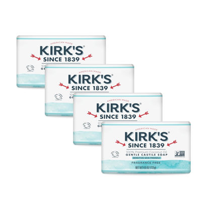 Picture of Kirk's Castile Bar Soap Clean Soap for Men, Women & Children | Premium Coconut Oil | Sensitive Skin Formula, Vegan | Fragrance-Free/Unscented | 4 oz. Bars - 4 Pack