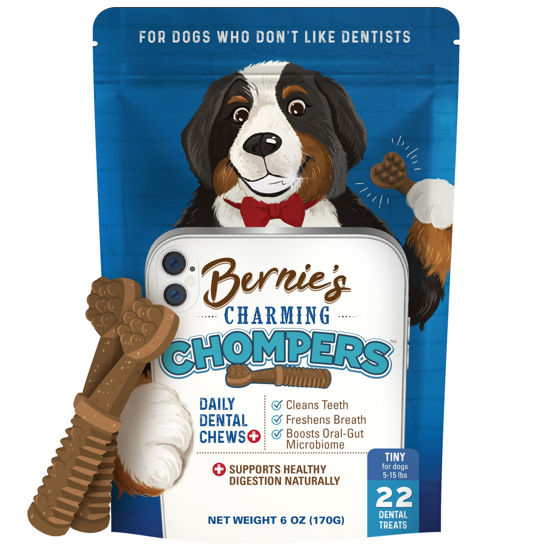 Picture of Bernie's Charming Chompers - Daily Dental Chews for Dogs 5-15 Lbs. - 22 Count - Cleans Teeth, Freshens Breath, Boosts Oral-Gut Microbiome. Easy to Digest, Supports Healthy Digestion Naturally