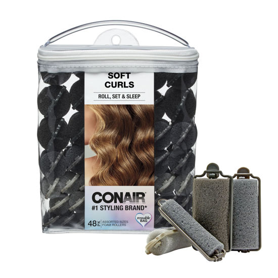 Picture of Conair Foam Hair Rollers - Heatless Curlers - Heatless Curls -Foam Rollers - Black & Gray - Assorted Sizes - 48 Count w/storage case