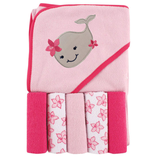 Picture of Luvable Friends Unisex Baby Hooded Towel with Five Washcloths, Girly Whale, One Size