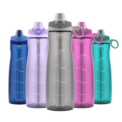 Picture of Pogo BPA-Free Tritan Plastic Water Bottle with Soft Straw, 40 Oz, Grey