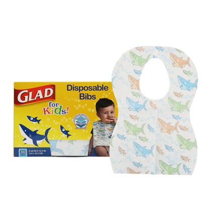 Picture of Glad for Kids Sharks Paper Bibs, 30 Count - Disposable Paper Bibs with Cute Sharks Design for Kids - Travel Bibs for Kids - Art & Craft Disposable Kids Bibs