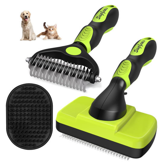 Picture of Augwind 3PCS Dog Grooming Kit - Deshedding Brush, Slicker Brush, and Comb for Pet Supplies (Green Black)