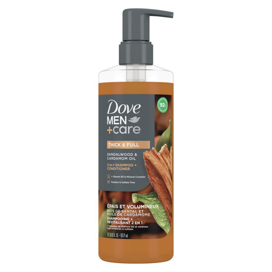 Picture of Dove Men+Care 2-in-1 Shampoo + Conditioner Sandalwood & Cardamom Oil for Thick & Full Hair, + Vitamin B3 & Mineral Complex, 17.5 oz