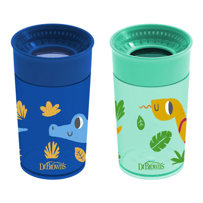 Picture of Dr. Brown's Milestones Cheers 360 Cup Spoutless Transition Cup, Travel Friendly & Leak-Free Sippy Cup, Blue Alligator - Turquoise Snake, 10 oz/300 mL, 2 Pack