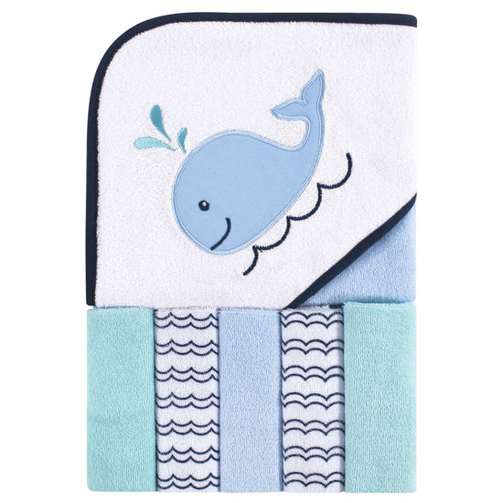 Picture of Luvable Friends Unisex Baby Hooded Towel with Five Washcloths, Cotton, Boy Whale, One Size