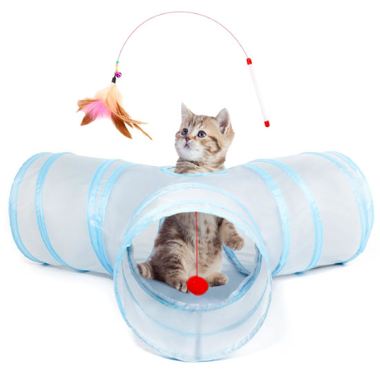 Picture of Tempcore Pet Cat Tunnel Tube Cat Toys 3 Way Collapsible, Cat Tunnels for Indoor Cats，Kitty Tunnel Bored Cat Pet Toys Peek Hole Toy Ball Cat, Puppy, Kitty, Kitten, Rabbit Light Grey