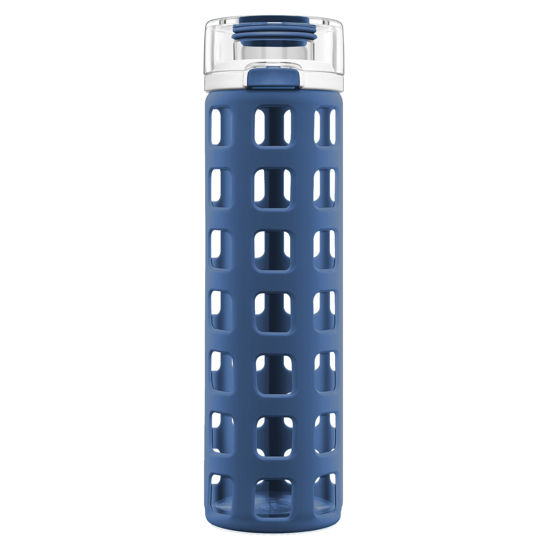 Picture of Ello Syndicate Glass Water Bottle with One-Touch Flip Lid and Protective Silicone Sleeve and Carry Loop, BPA Free, Dishwasher Safe, Bold Blue, 20oz