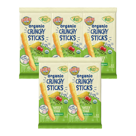 Picture of Earth's Best Organic Baby Food, Dissolvable Teething Snack for Babies 6 Months and Older, Garden Veggie Crunchy Sticks, .56 oz Pack (Pack of 5)