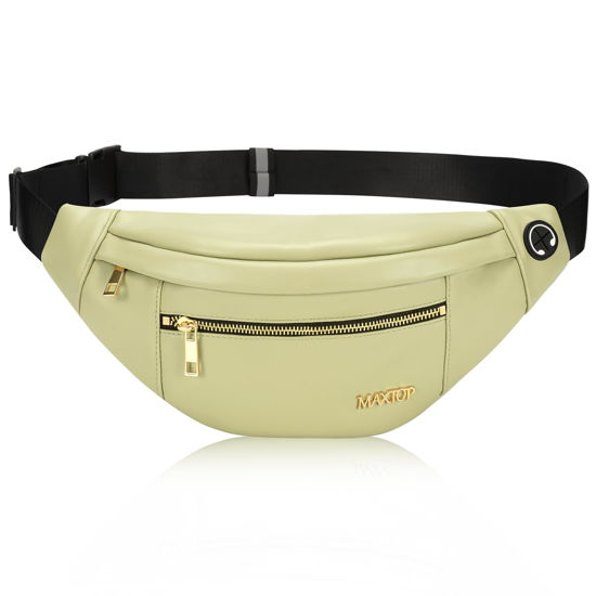 Picture of MAXTOP Leather Large Fanny Pack Belt Bag with 4-Zipper Pockets Gifts for Enjoy Sports Festival Workout Traveling Running Casual Hands-Free Wallets Waist Pack Crossbody Phone Bag Carrying All Phones