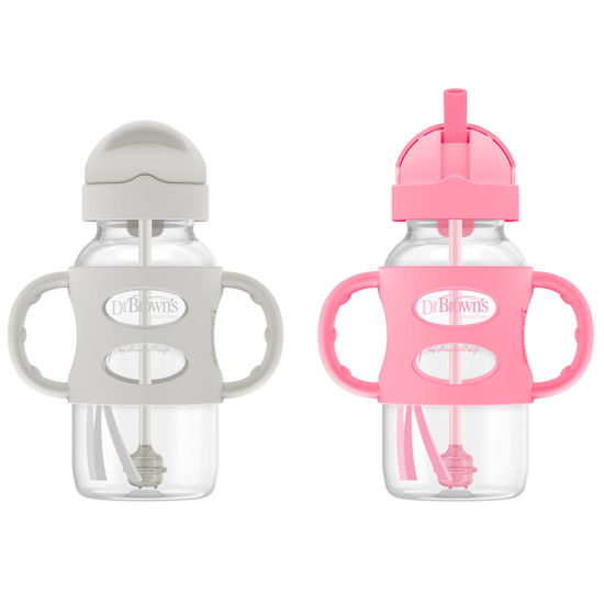 Picture of Dr. Brown's Milestones Wide-Neck Sippy Straw Bottle with 100% Silicone Handles and Weighted Straw, 9 oz/270 mL, Gray & Pink, 6m+, 2 Count (Pack of 1)