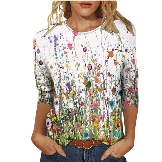 Picture of Summer 3/4 Sleeve T Shirt Landscape Painting Pattern Top for Womens Three Quarter Sleeve Pullover Round Neck Tee