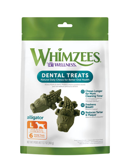 Picture of WHIMZEES by Wellness Alligator Natural Dental Chews for Dogs, Long Lasting Treats, Grain-Free, Freshens Breath, Large Breed, 6 count