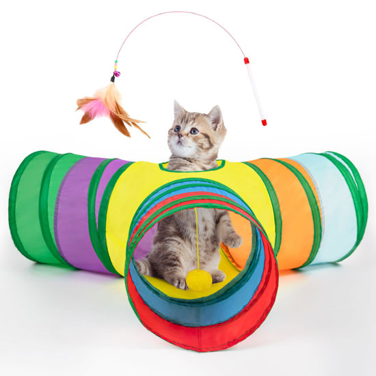 Picture of Tempcore Pet Cat Tunnel Tube Cat Toys 3 Way Collapsible, Cat Tunnels for Indoor Cats，Kitty Tunnel Bored Cat Pet Toys Peek Hole Toy Ball Cat, Puppy, Kitty, Kitten, Rabbit Rainbow