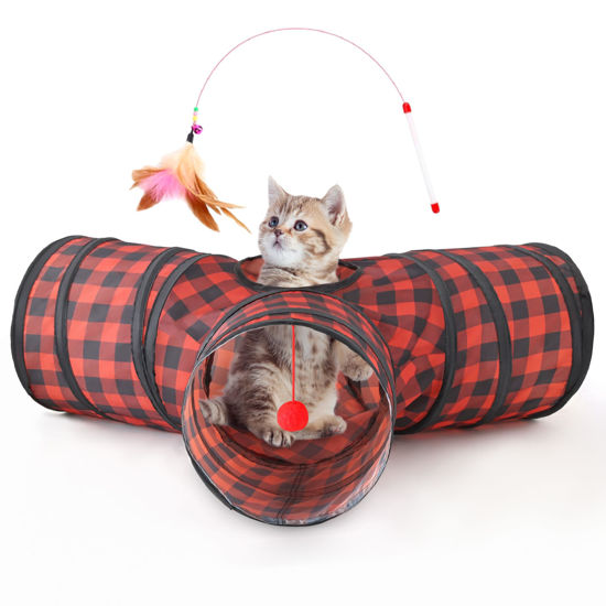 Picture of Tempcore Pet Cat Tunnel Tube Cat Toys 3 Way Collapsible, Cat Tunnels for Indoor Cats，Kitty Tunnel Bored Cat Pet Toys Peek Hole Toy Ball Cat, Puppy, Kitty, Kitten, Rabbit Red Lattice