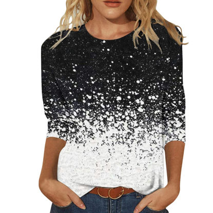 Picture of Summer 3/4 Sleeve T Shirt Landscape Painting Pattern Top for Womens Three Quarter Sleeve Pullover Round Neck Tee