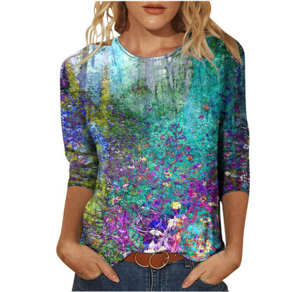 Picture of Summer 3/4 Sleeve T Shirt Landscape Painting Pattern Top for Womens Three Quarter Sleeve Pullover Round Neck Tee