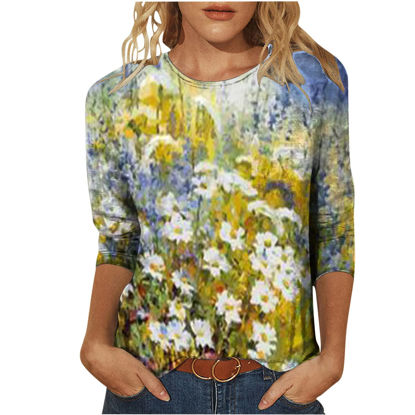 Picture of Summer 3/4 Sleeve T Shirt Landscape Painting Pattern Top for Womens Three Quarter Sleeve Pullover Round Neck Tee