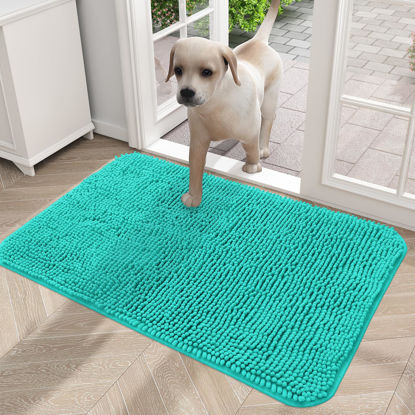 Picture of OLANLY Dog Door Mat for Muddy Paws 24x16, Absorbs Moisture and Dirt, Absorbent Non-Slip Washable Mat, Quick Dry Chenille, Mud Mat for Dogs, Entry Indoor Door Mat for Inside Floor, Teal