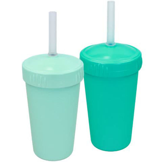 Picture of Re Play Made in USA 2 Pack Straw Cups for Toddlers, 10 Oz. - Reusable Kids Cups with Straws and Lids, Dishwasher/Microwave Safe - Toddler Cups with Straws 3.13" x 5.5", Aqua/Mint