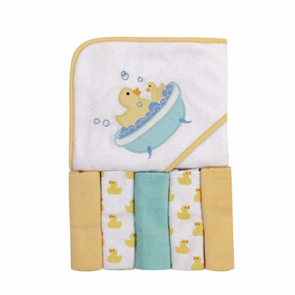 Picture of Luvable Friends Unisex Baby Hooded Towel with Five Washcloths, Bathtime Duck, One Size