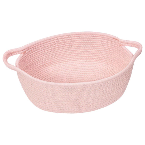 Picture of Goodpick Small Woven Basket, Basket for Gifting Small Storage Basket for Toys, Baby Gift Basket for Nursery, Rope Basket Pink Basket for Gifts, Decorative Basket with Handles, 12" x 8" x 5"