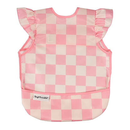 Picture of Tiny Twinkle Mess Proof Baby Bib - Waterproof Baby Apron - Machine Washable - PVC, BPA, & Phthalate Free - Great Travel Bib for Baby Eating - Baby Food Bibs (Pink Checkers, Small 6-24 Months)