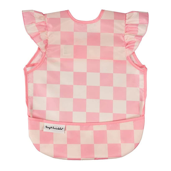 Picture of Tiny Twinkle Mess Proof Baby Bib - Waterproof Baby Apron - Machine Washable - PVC, BPA, & Phthalate Free - Great Travel Bib for Baby Eating - Baby Food Bibs (Pink Checkers, Small 6-24 Months)