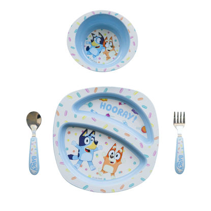 Picture of The First Years Bluey 4-Piece Place Setting - BPA Free Dishwasher Safe Toddler Dinnerware Set with Divided Plate, Bowl, Fork, Spoon - Multicolor