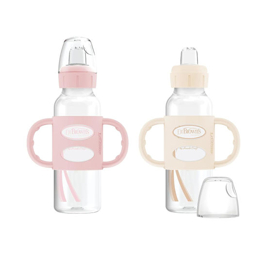 Picture of Dr. Brown's Milestones Narrow Sippy Spout Bottle with 100% Silicone Handles, Easy-Grip Handles with Soft Sippy Spout, 8oz/250mL, Light-Pink & Ecru, 2-Pack, 6m+