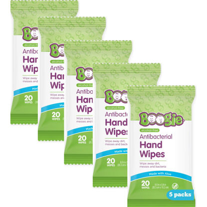 Picture of Antibacterial Hand Wipes by Boogie, Alcohol Free, Hypoallergenic and Moisturizing Aloe, Hand Wipes for Kids and Adults, 5 Packs of 20 (100 Total Wipes)