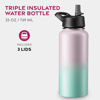 Picture of FineDine Triple Walled, Insulated Water Bottles with Straw - 32 Oz Stainless Steel Metal Bottle W/ 3 Leak Proof Lids - For Travel, School, Sports, Gym / Men, Women & Kids - Dreamy Pink-Green