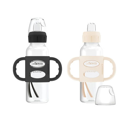 Picture of Dr. Brown's Milestones Narrow Sippy Spout Bottle with 100% Silicone Handles, Easy-Grip Handles with Soft Sippy Spout, 8oz/250mL, Black & Ecru, 2 Count (Pack of 1), 6m+