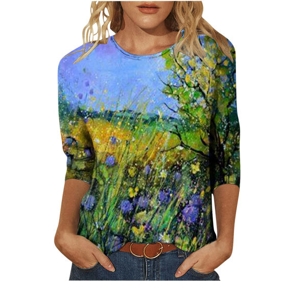 Picture of Summer 3/4 Sleeve T Shirt Landscape Painting Pattern Top for Womens Three Quarter Sleeve Pullover Round Neck Tee