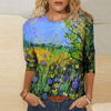 Picture of Summer 3/4 Sleeve T Shirt Landscape Painting Pattern Top for Womens Three Quarter Sleeve Pullover Round Neck Tee