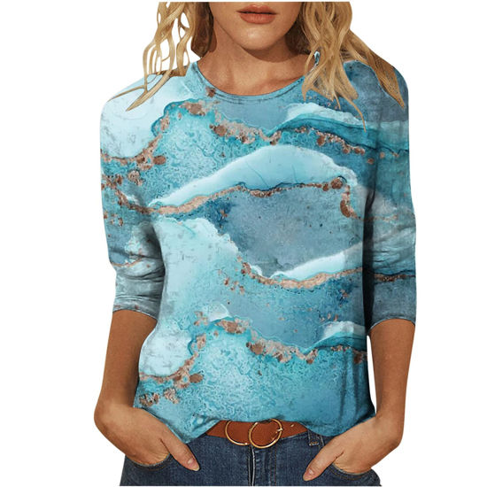 Picture of Summer 3/4 Sleeve T Shirt Landscape Painting Pattern Top for Womens Three Quarter Sleeve Pullover Round Neck Tee