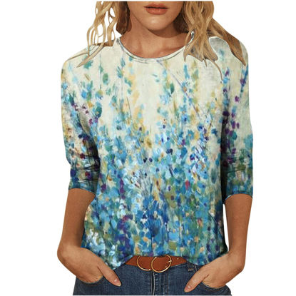 Picture of Summer 3/4 Sleeve T Shirt Landscape Painting Pattern Top for Womens Three Quarter Sleeve Pullover Round Neck Tee