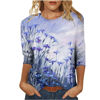 Picture of Summer 3/4 Sleeve T Shirt Landscape Painting Pattern Top for Womens Three Quarter Sleeve Pullover Round Neck Tee