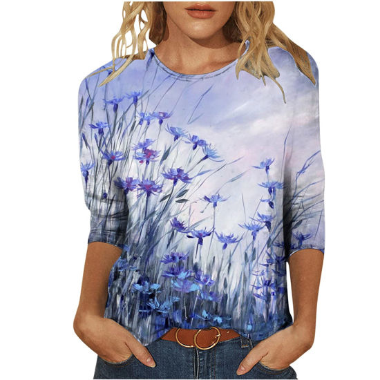 Picture of Summer 3/4 Sleeve T Shirt Landscape Painting Pattern Top for Womens Three Quarter Sleeve Pullover Round Neck Tee