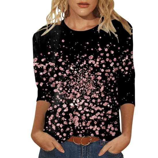 Picture of Summer 3/4 Sleeve T Shirt Landscape Painting Pattern Top for Womens Three Quarter Sleeve Pullover Round Neck Tee