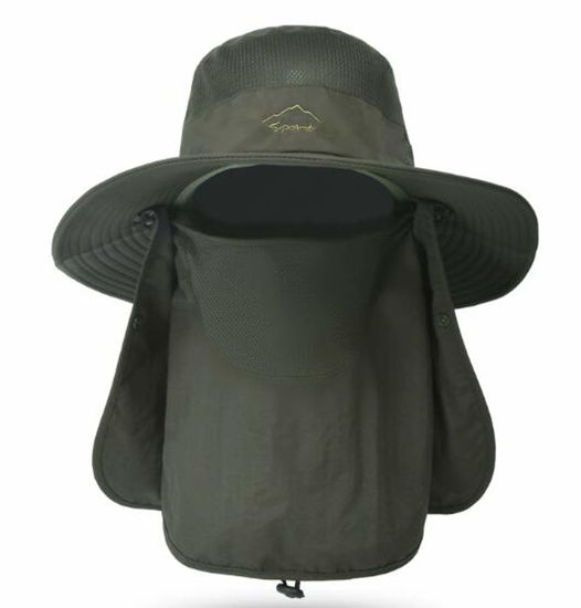 Picture of Fishing Hat for Men & Women, Outdoor UV Sun Protection Wide Brim Hat with Face Cover & Neck Flap Army Green