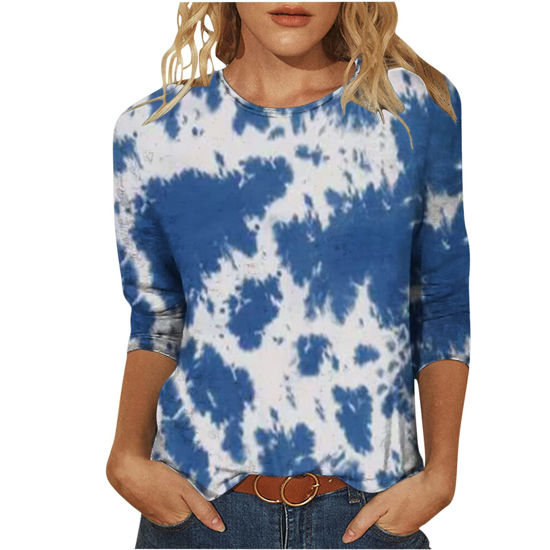 Picture of Summer 3/4 Sleeve T Shirt Landscape Painting Pattern Top for Womens Three Quarter Sleeve Pullover Round Neck Tee