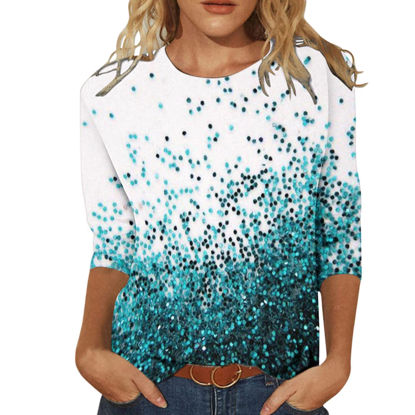 Picture of Summer 3/4 Sleeve T Shirt Landscape Painting Pattern Top for Womens Three Quarter Sleeve Pullover Round Neck Tee