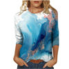 Picture of Summer 3/4 Sleeve T Shirt Landscape Painting Pattern Top for Womens Three Quarter Sleeve Pullover Round Neck Tee