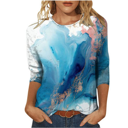 Picture of Summer 3/4 Sleeve T Shirt Landscape Painting Pattern Top for Womens Three Quarter Sleeve Pullover Round Neck Tee