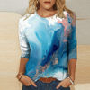 Picture of Summer 3/4 Sleeve T Shirt Landscape Painting Pattern Top for Womens Three Quarter Sleeve Pullover Round Neck Tee