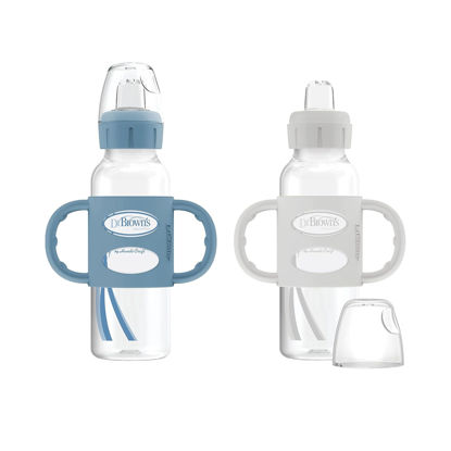 Picture of Dr. Brown's Milestones Narrow Sippy Spout Bottle with 100% Silicone Handles, Easy-Grip Handles with Soft Sippy Spout, 8oz/250mL, Light-Blue & Gray, 2-Pack, 6m+