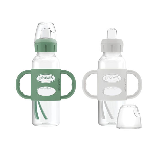 Picture of Dr. Brown's Milestones Narrow Sippy Spout Bottle with 100% Silicone Handles, Easy-Grip Handles with Soft Sippy Spout, 8oz/250mL, Green & Gray, 2-Pack, 6m+