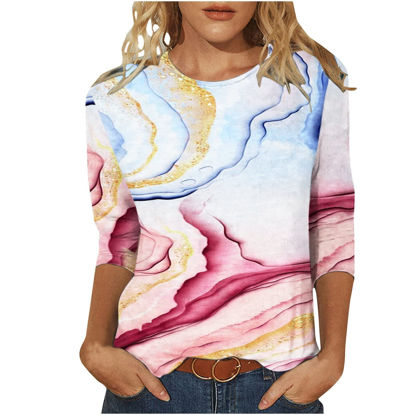 Picture of 3/4 Sleeve Tops for Women Tunic Summer Marble Print Slim Summer Tops for Women 2023 Trendy Teens Crewneck Slim Fit Half Sleeve Oversized Graphic Tees for Women Western Spring Blouses and Tops Pink l