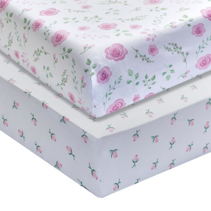 Picture of EVERYDAY KIDS 2 Pack Fitted Girls Crib Sheet, 100% Soft Breathable Microfiber Baby Sheet, Fits Standard Size Crib Mattress 28in x 52in, White and Pink Nursery Sheets with Flowers, Roses and Rosebuds